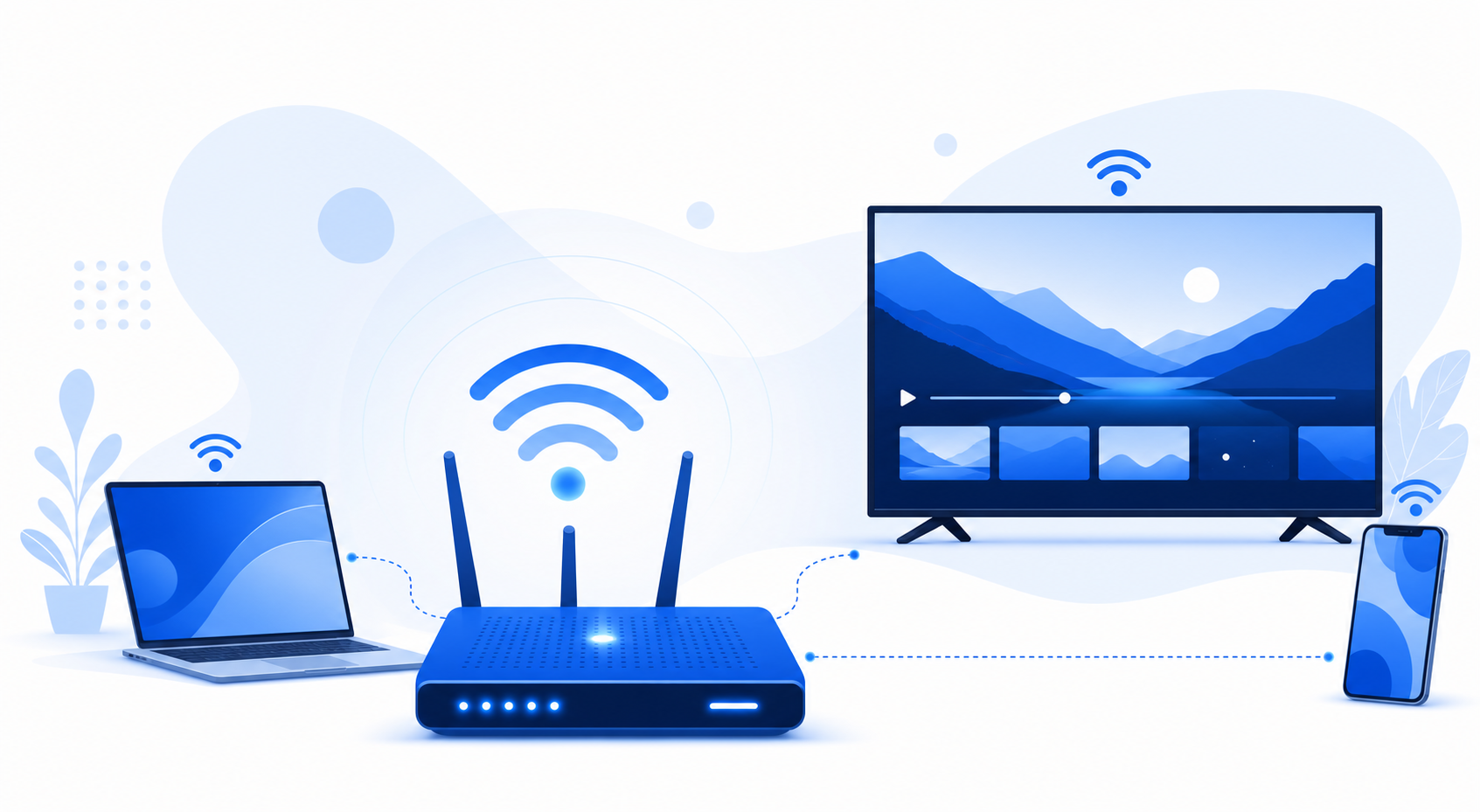 Home internet: router connecting TV, laptop and phone